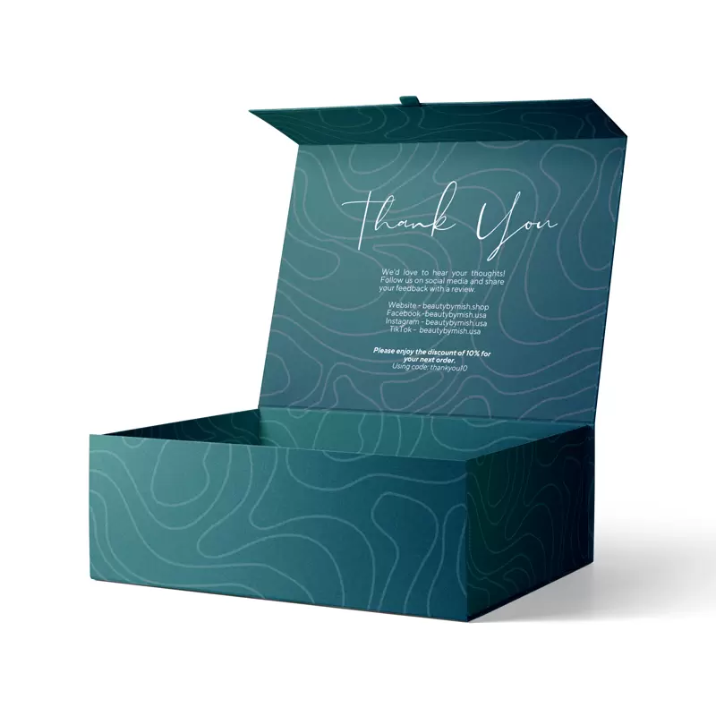 Cardboard box with magnetic lid opened to show rigid gift packaging structure